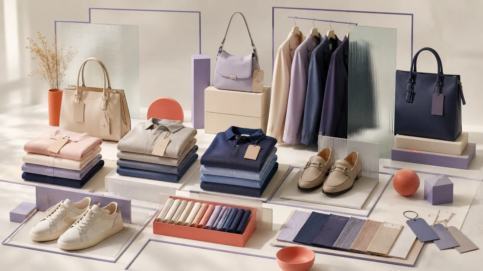 Product catalog with color variants, materials, apparel, and accessories.